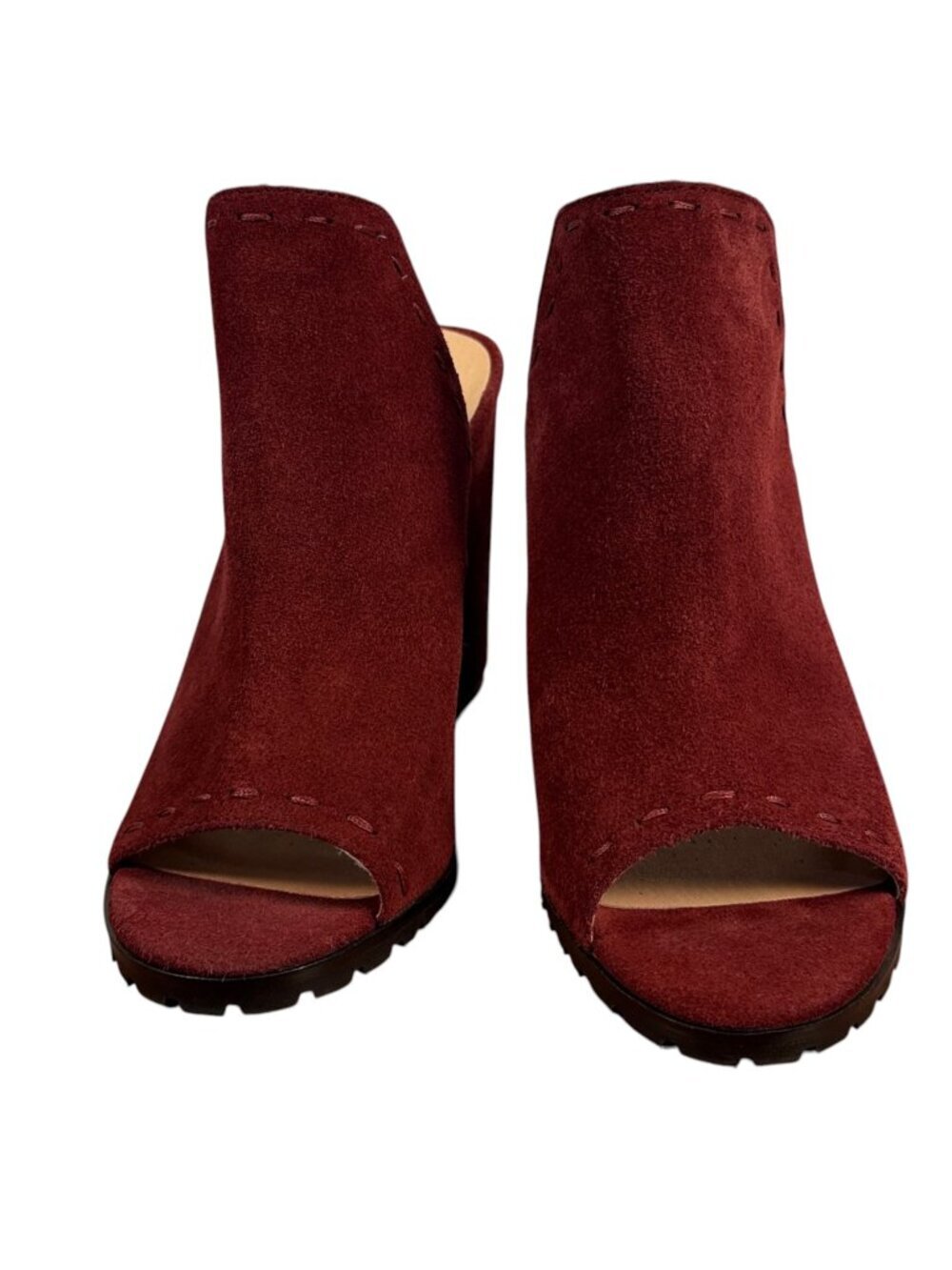 Chelsea & Violet Burgundy Faux Suede Peep Toe Mule Heels Size 10M Block Heel Boo - Picture 5 of 11